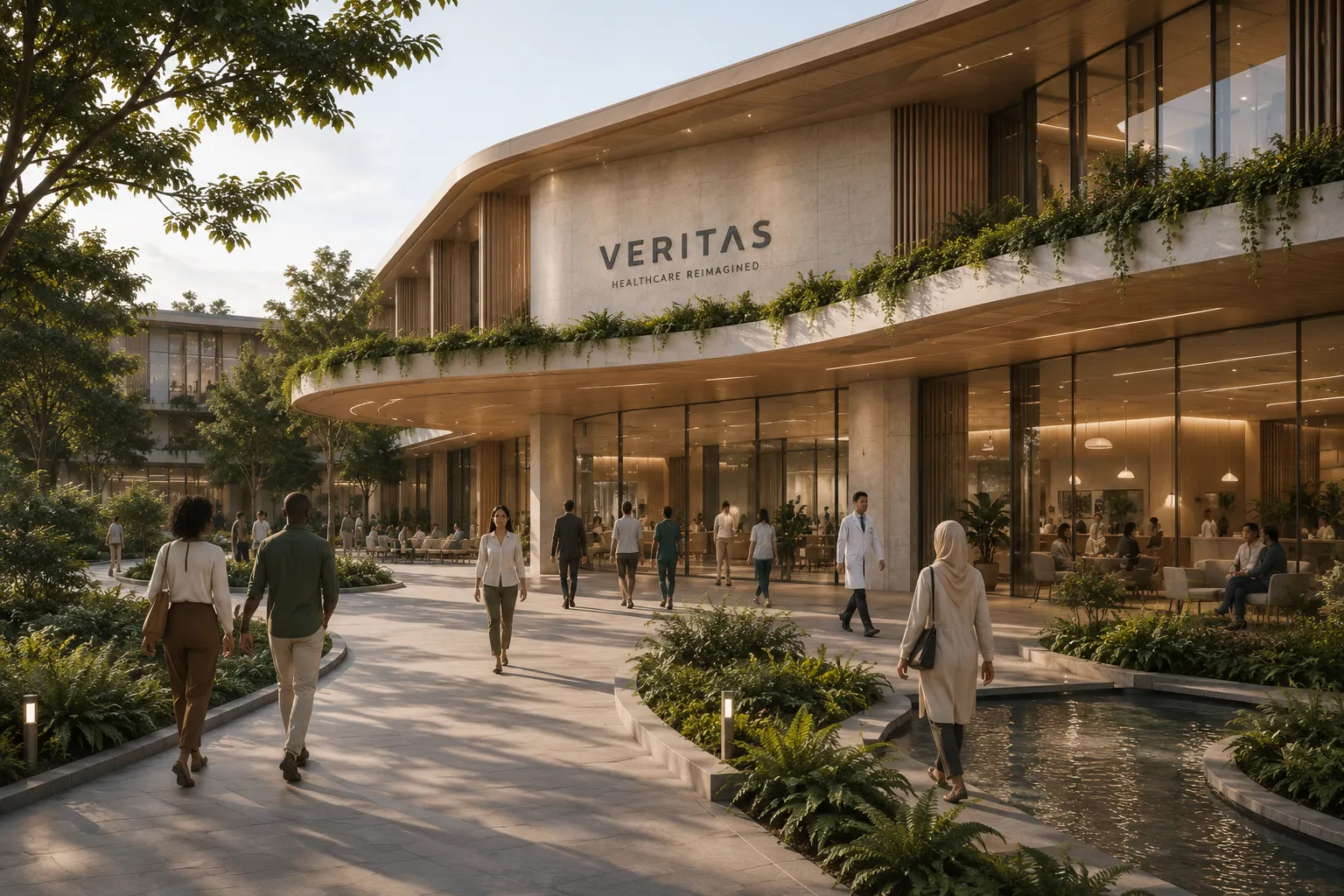The Veritas Healthcare Complex at golden hour — a curved stone and timber building carrying the Veritas wordmark above a glazed, warmly lit ground floor, with patients and clinicians crossing a planted forecourt beside a still water channel.
